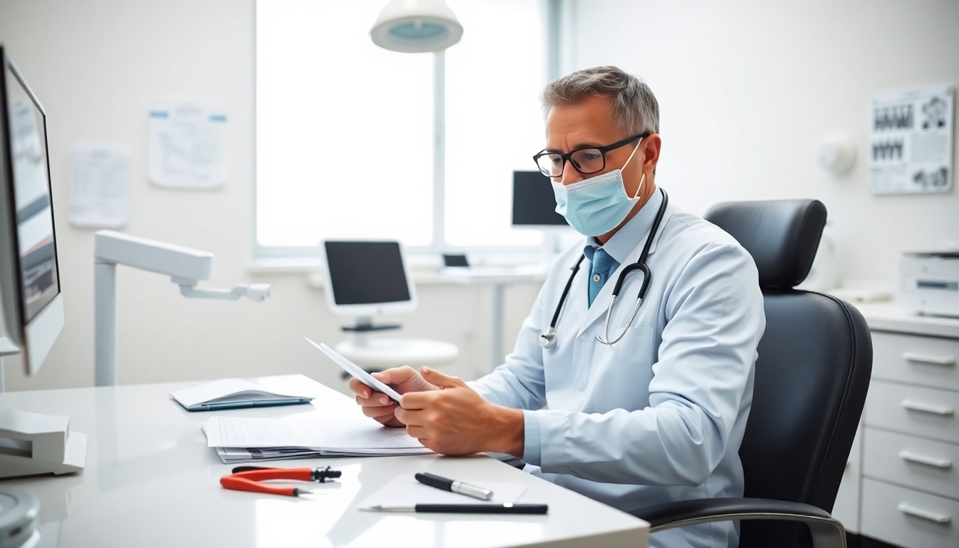 Dentist at desk in a dental office.