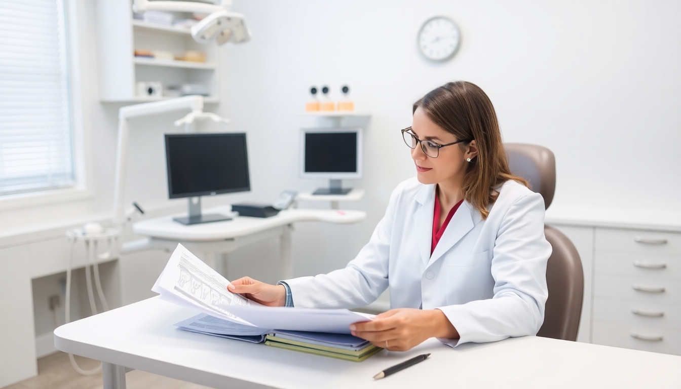 Dentist at desk with patient files and dental tools.
