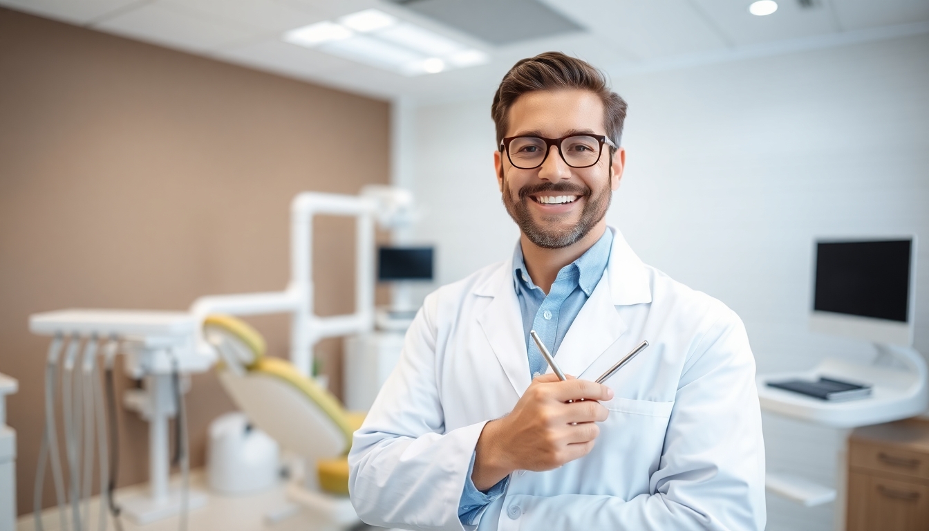 Smiling dentist in a modern dental clinic.
