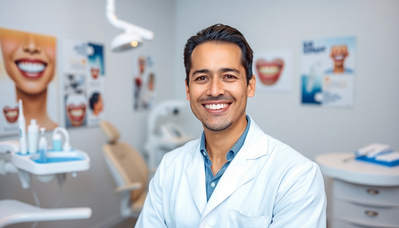 Smiling dentist in a dental office.