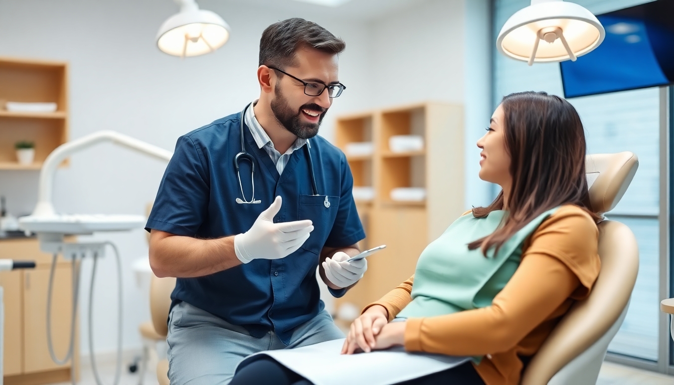 Dentist advising a patient about teeth grinding treatment.