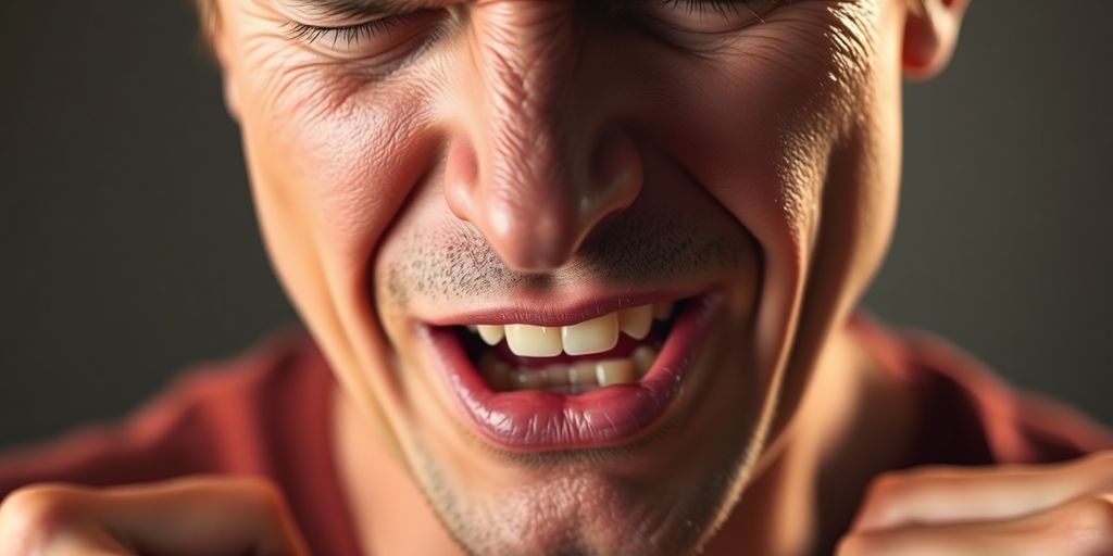 Person mit zusammengebissenen Zähnen und angespanntem Gesicht.