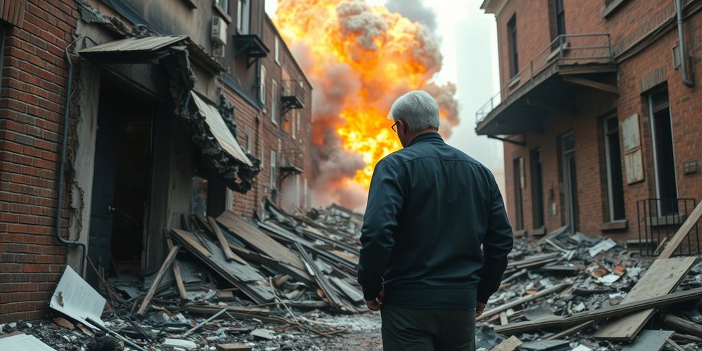 Insurance adjuster examines explosion-damaged building.
