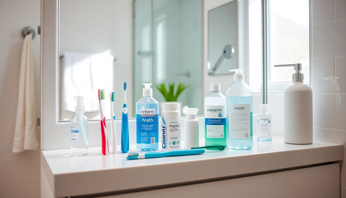 Modern bathroom with dental care products on countertop.