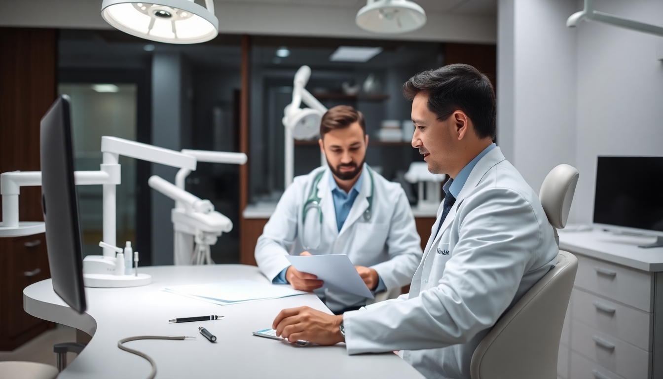Dentist at desk in a dental office.
