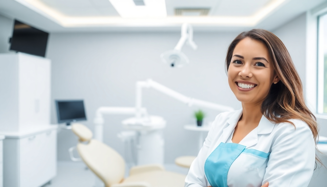 Smiling dentist in a modern dental clinic.