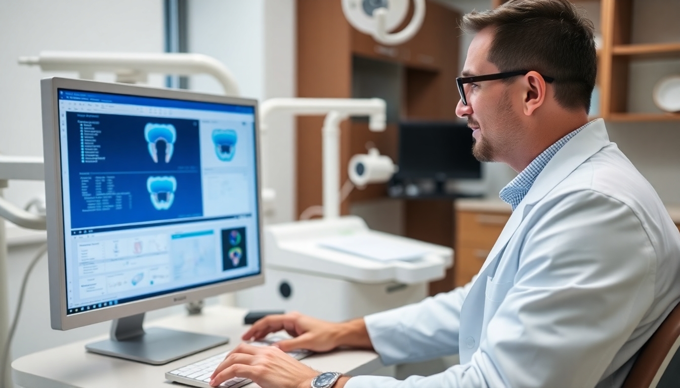 Dentist working on a computer in a dental office.