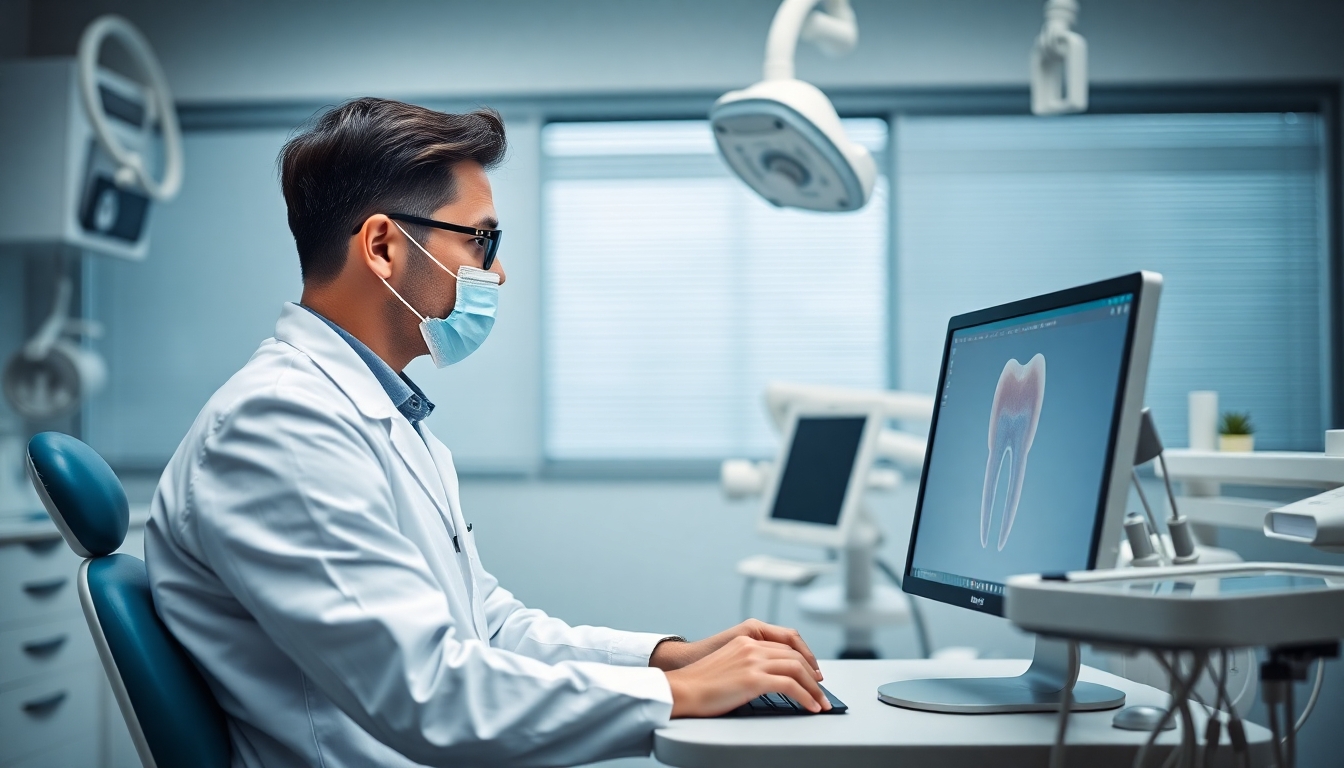 Dentist at computer in modern dental office.