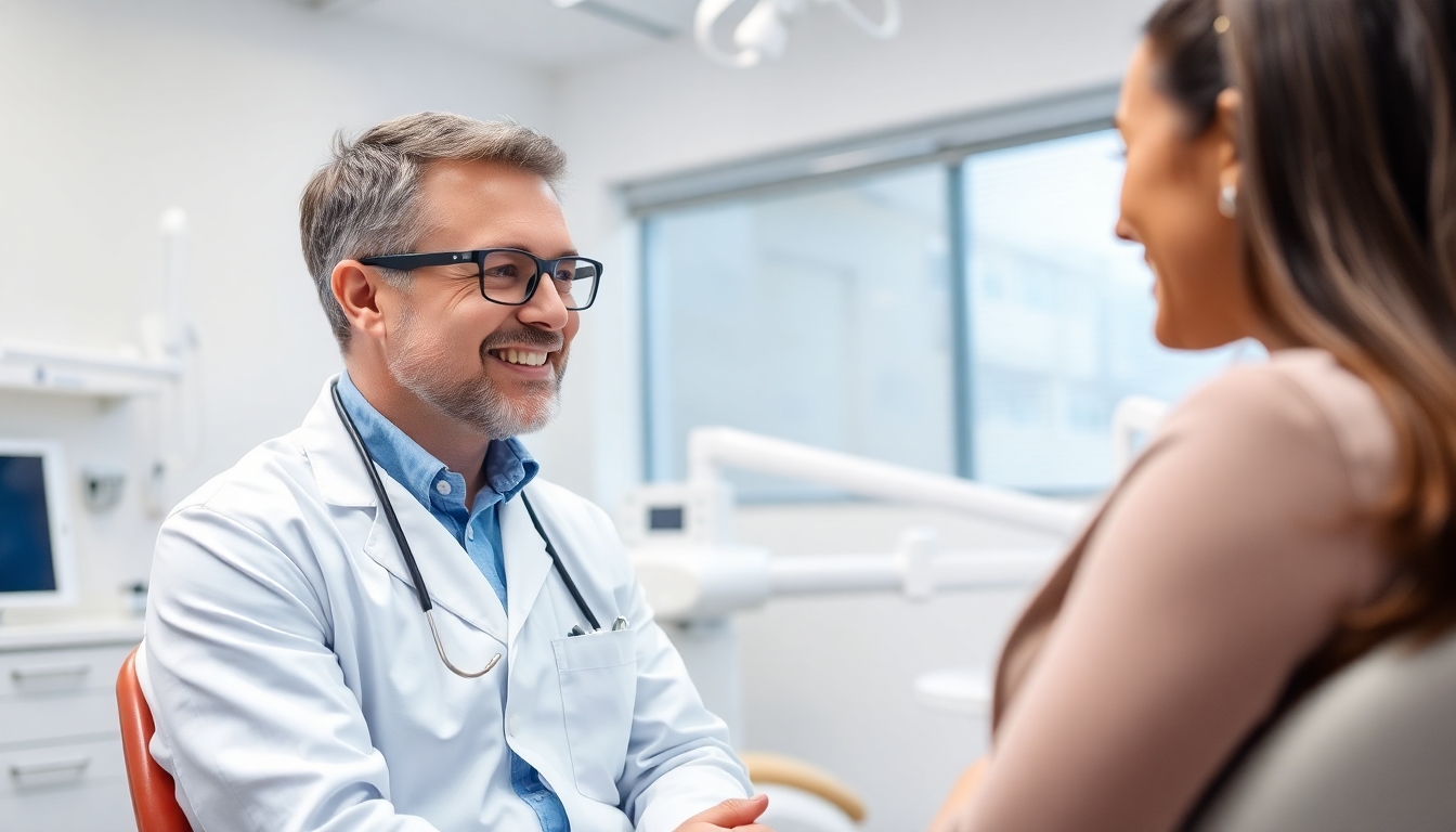 Dentist talking to a patient in a dental office.