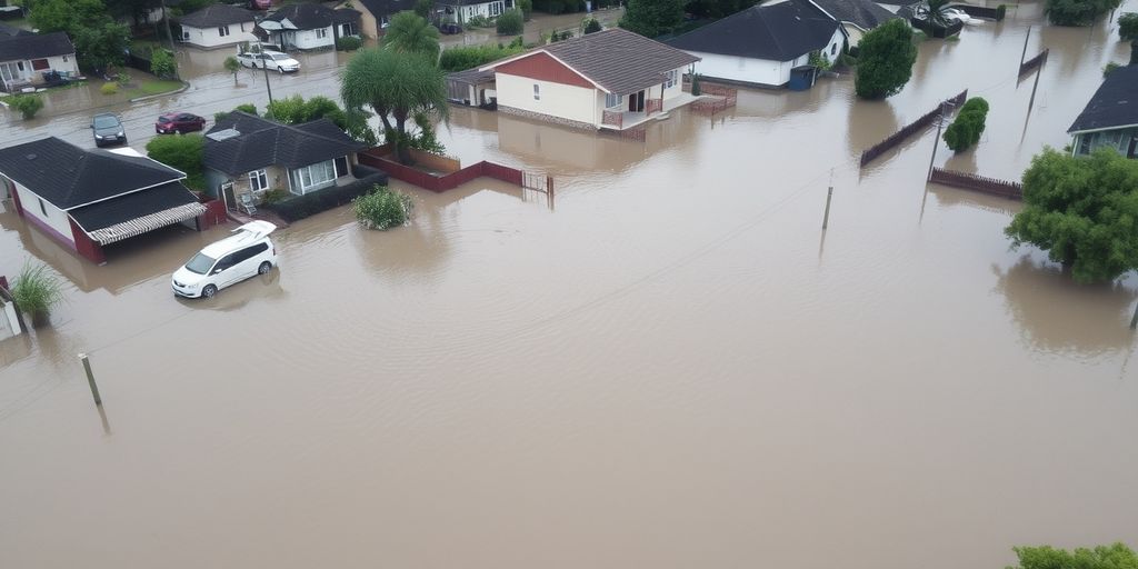 Flooded houses and cars in a residential area