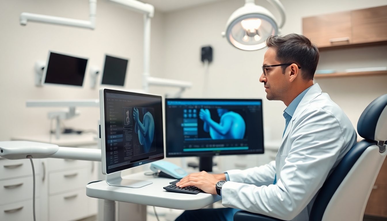 Dentist at computer in modern dental office.