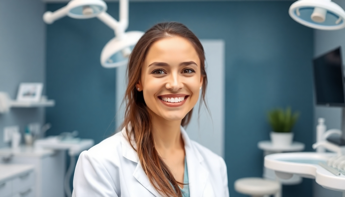 Smiling female dentist in a dental office.