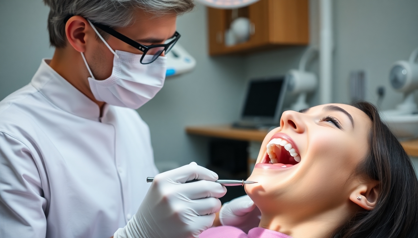 Dentist examining a patient's teeth in a dental office.