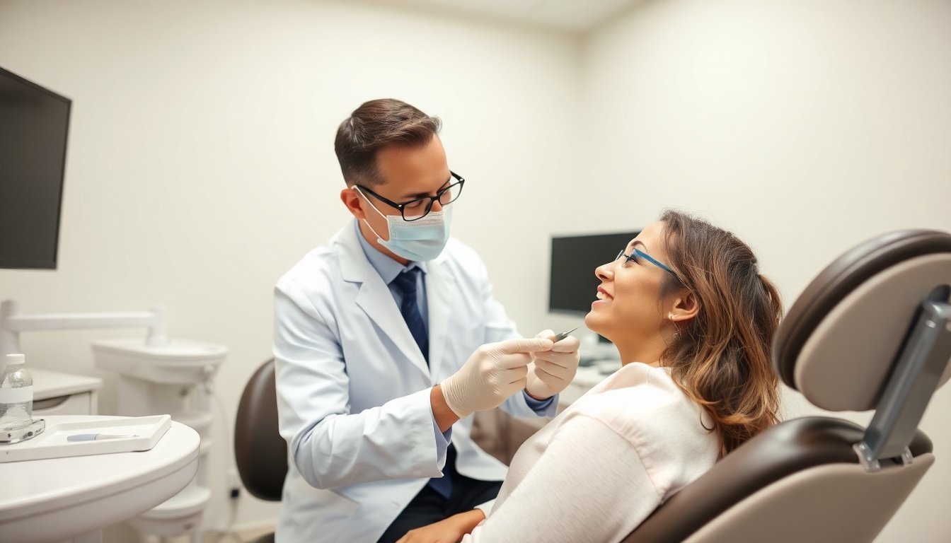 Dentist examining a patient in a dental office.