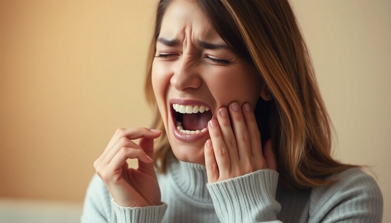 Woman experiencing jaw pain, highlighting discomfort.