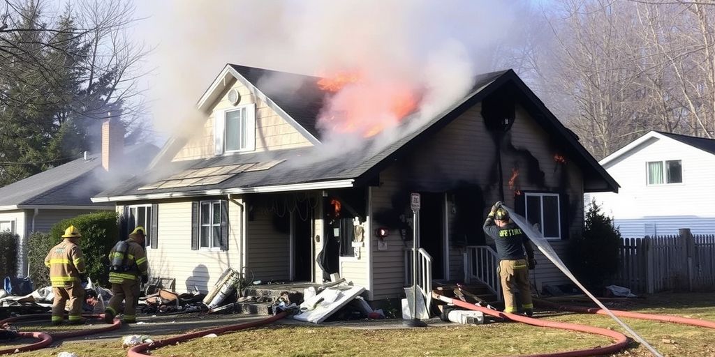 Firefighters extinguishing a house fire with visible damage