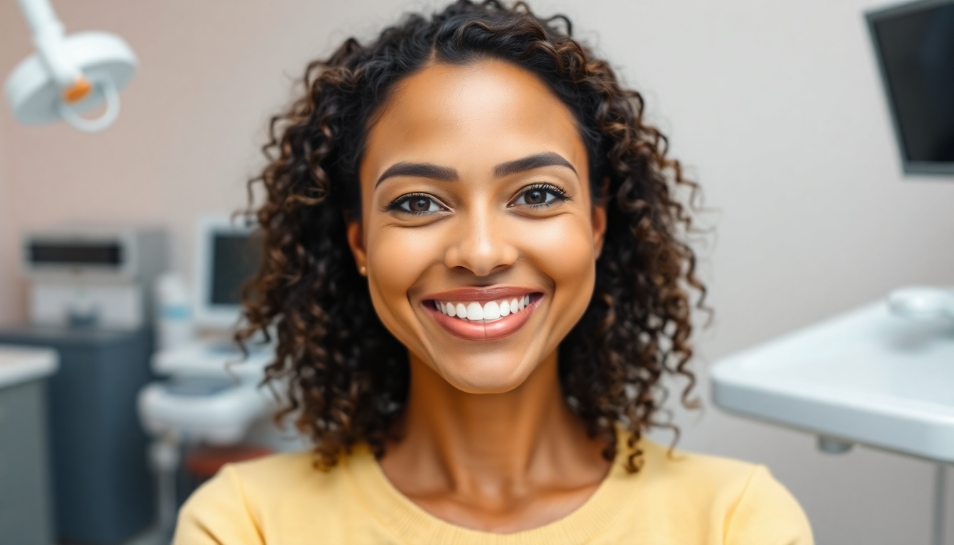 Smiling woman in a dental clinic setting.