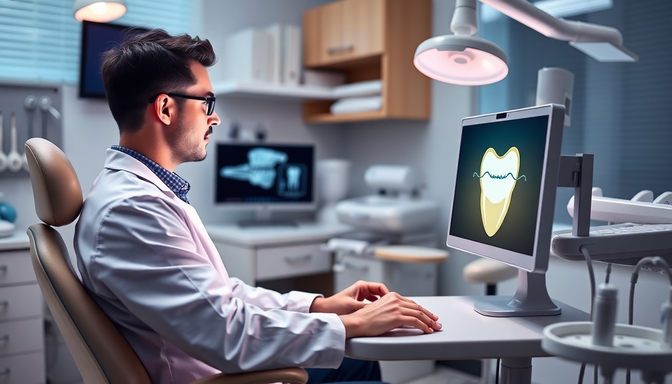 Dentist at computer in modern dental office.