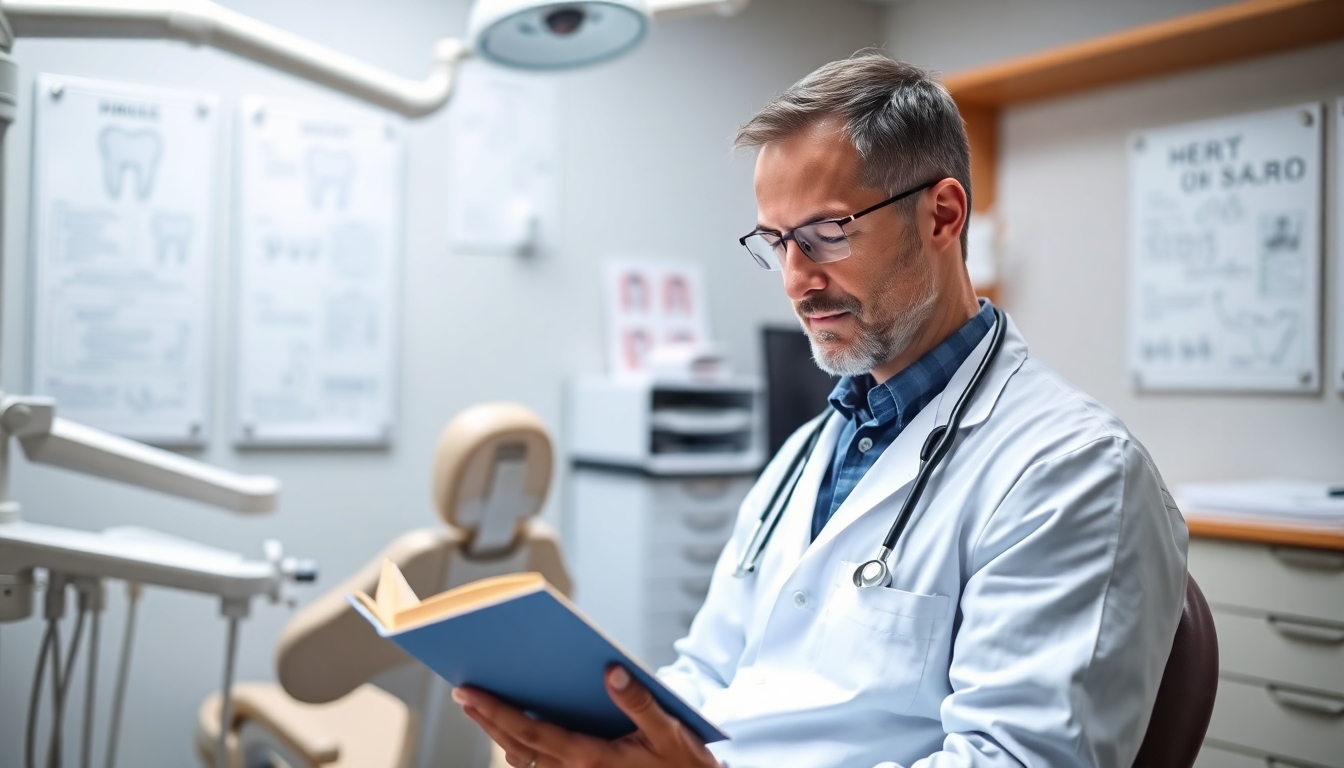 Dentist reading a book in a dental office.