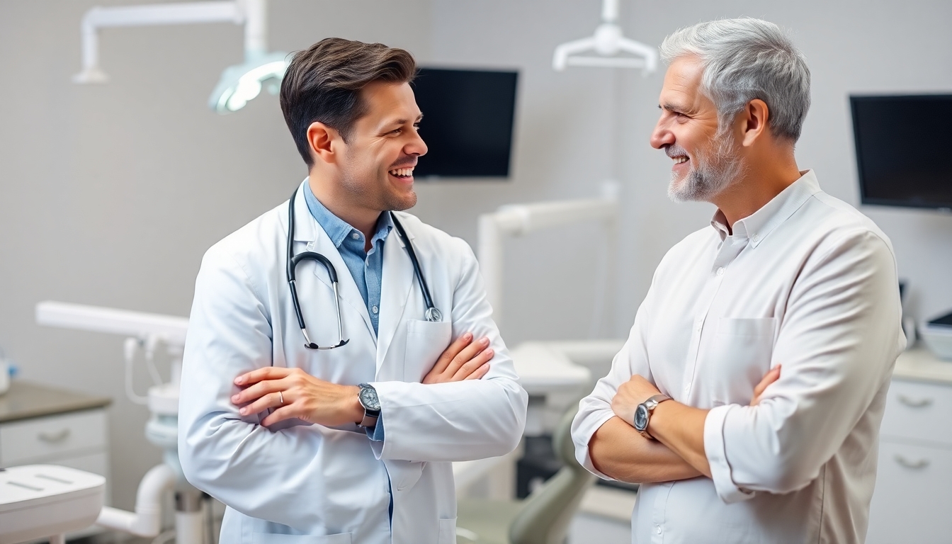 Dentist and patient in a dental practice discussing treatment.