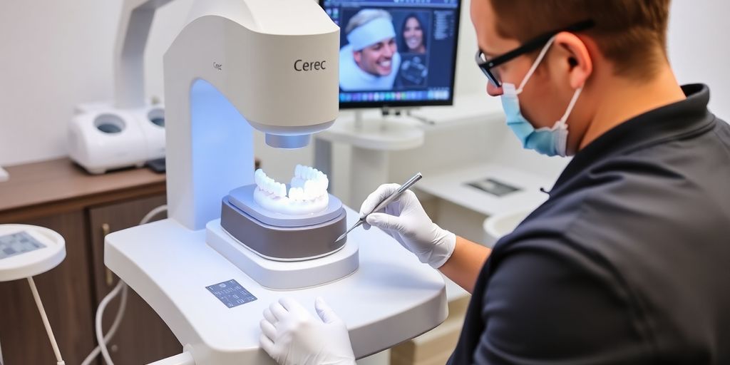 Zahnarzt mit Cerec-Maschine zur Zahnkrone.