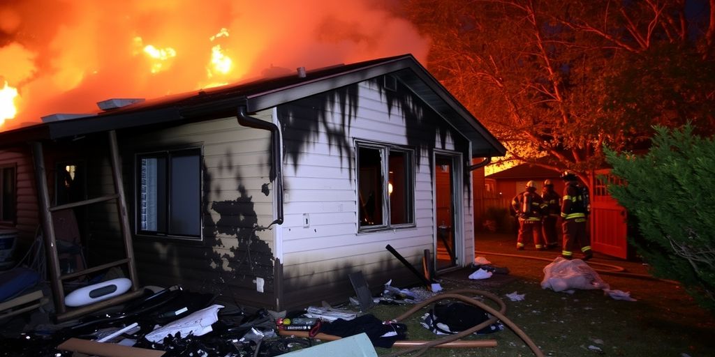 House with fire damage and firefighters working