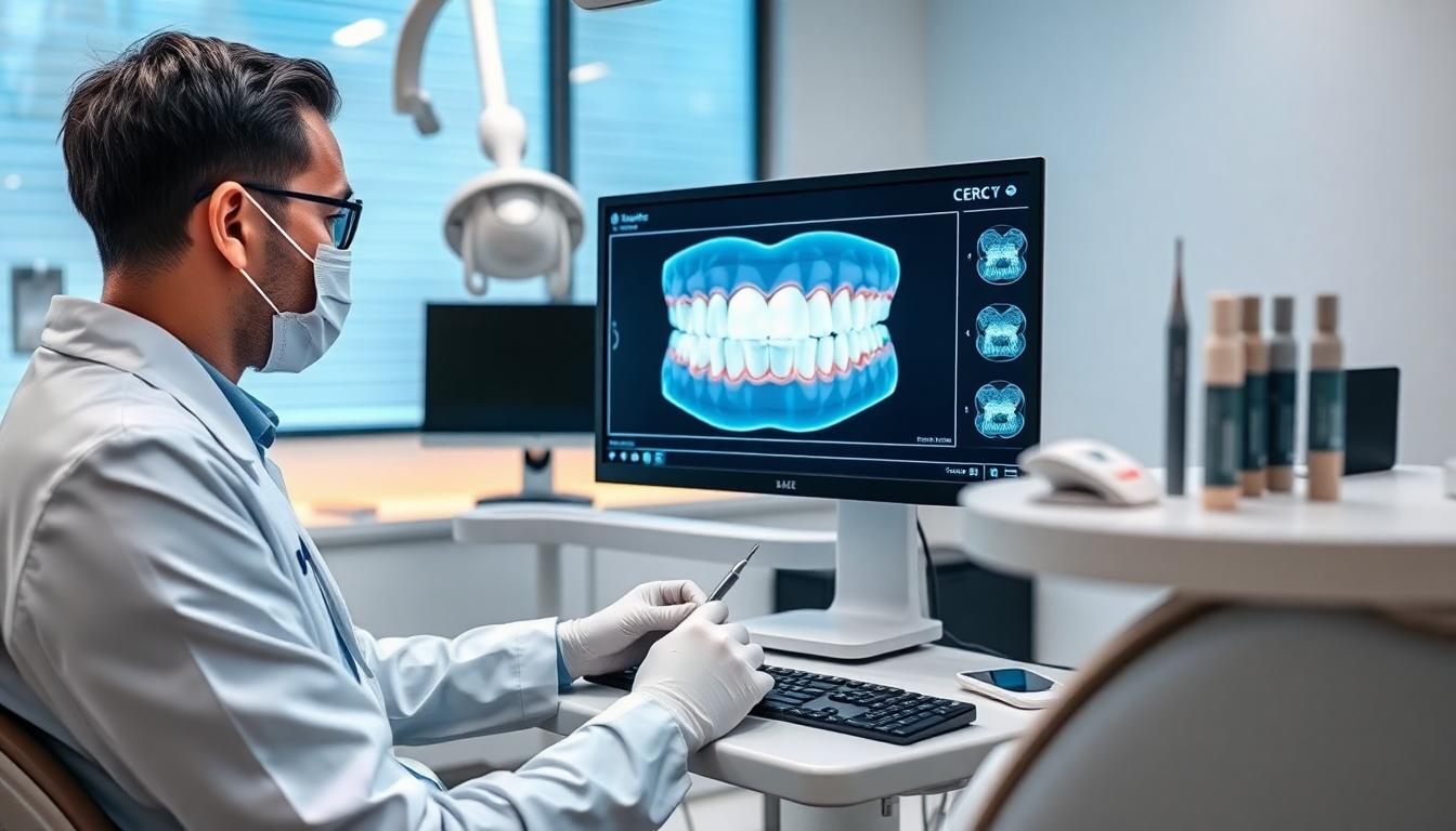 Dentist using computer for digital dental restoration.