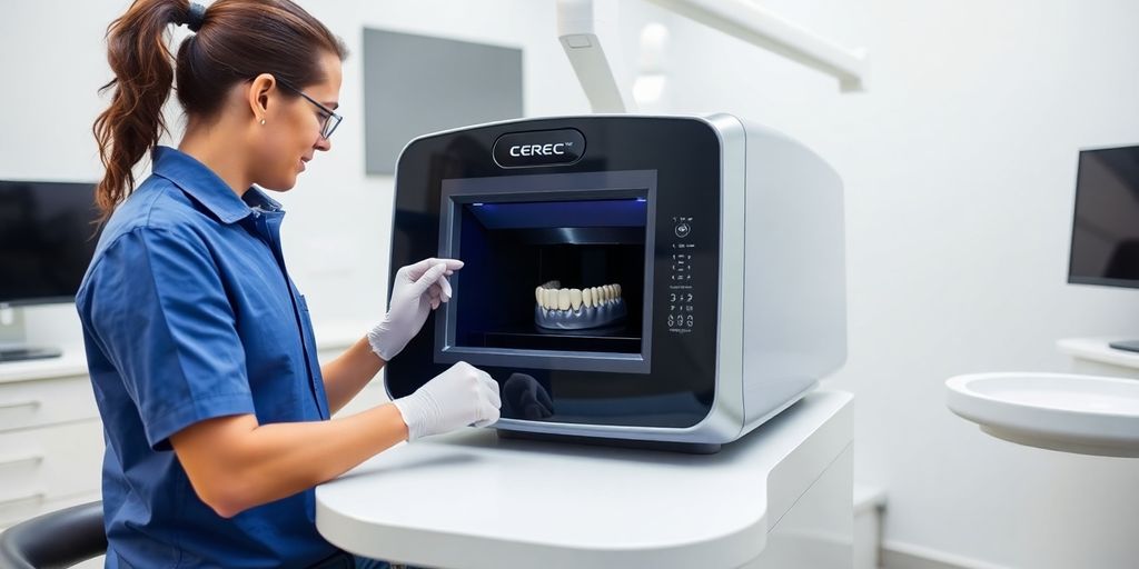 Zahnarzt bereitet Cerec-Gerät in moderner Klinik vor.