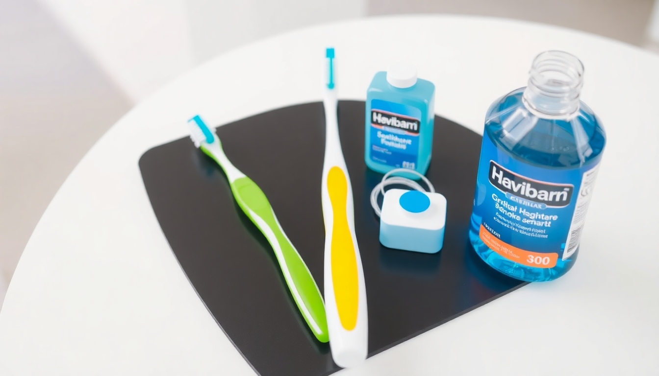 Toothbrush, dental floss, and mouthwash on a modern table.