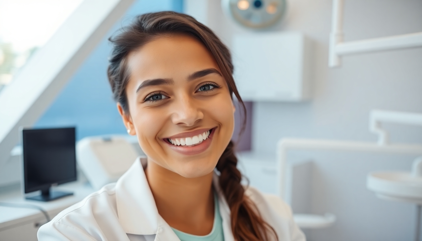 Young dentist smiling in a bright dental office.