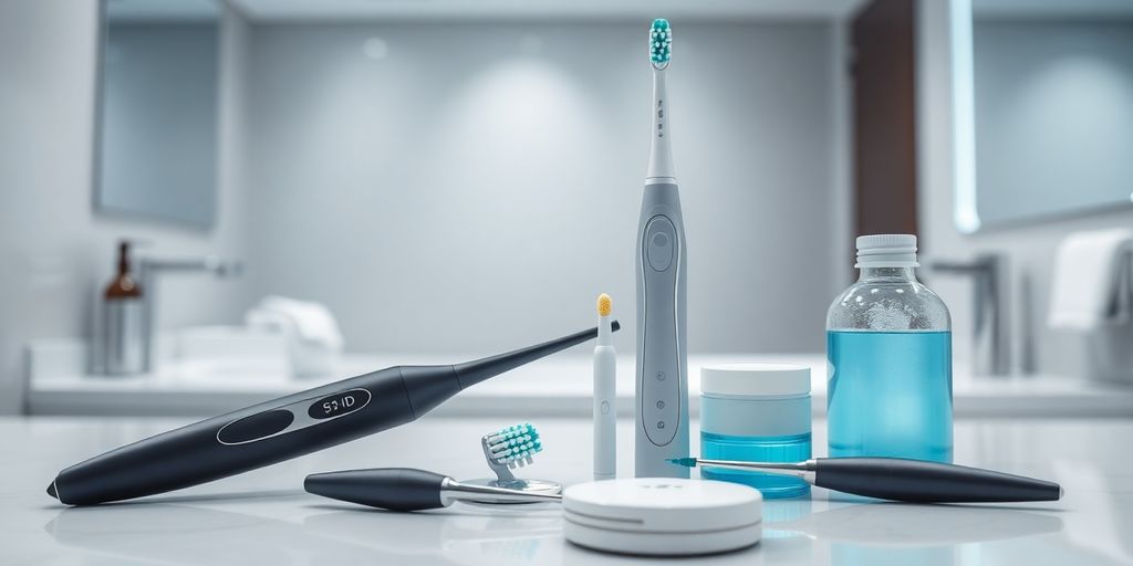 Moderne Zahnpflegeprodukte auf einem sauberen Badezimmerregal.