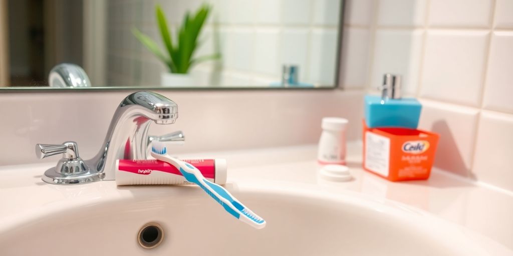 Zahnbürste und Zahnseide auf einem sauberen Waschbecken.