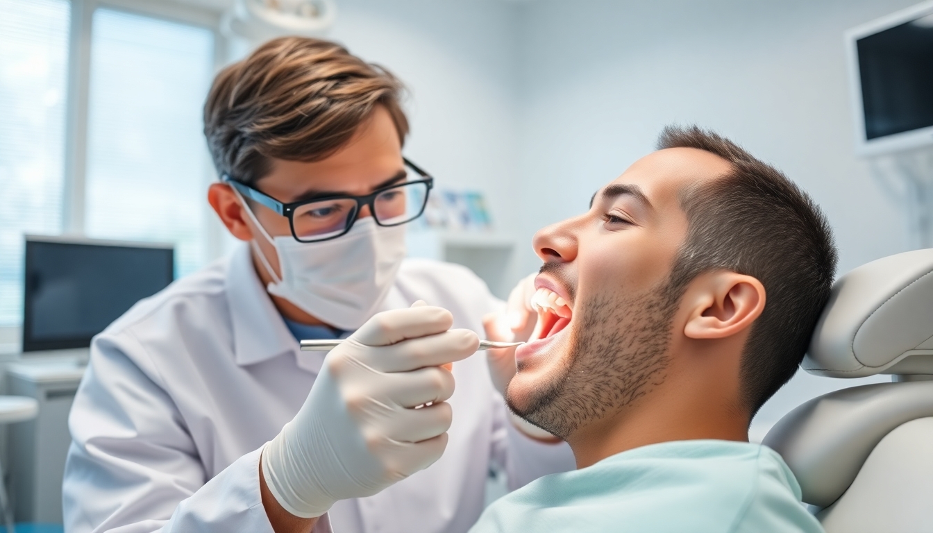 Dentist examining a patient's teeth in a dental office.