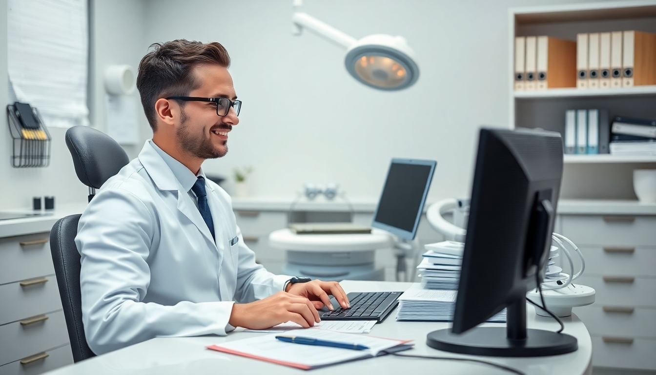 Dentist at desk in a dental office.