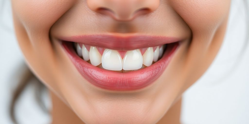 Nahaufnahme eines lächelnden Menschen mit gesunden Frontzähnen.