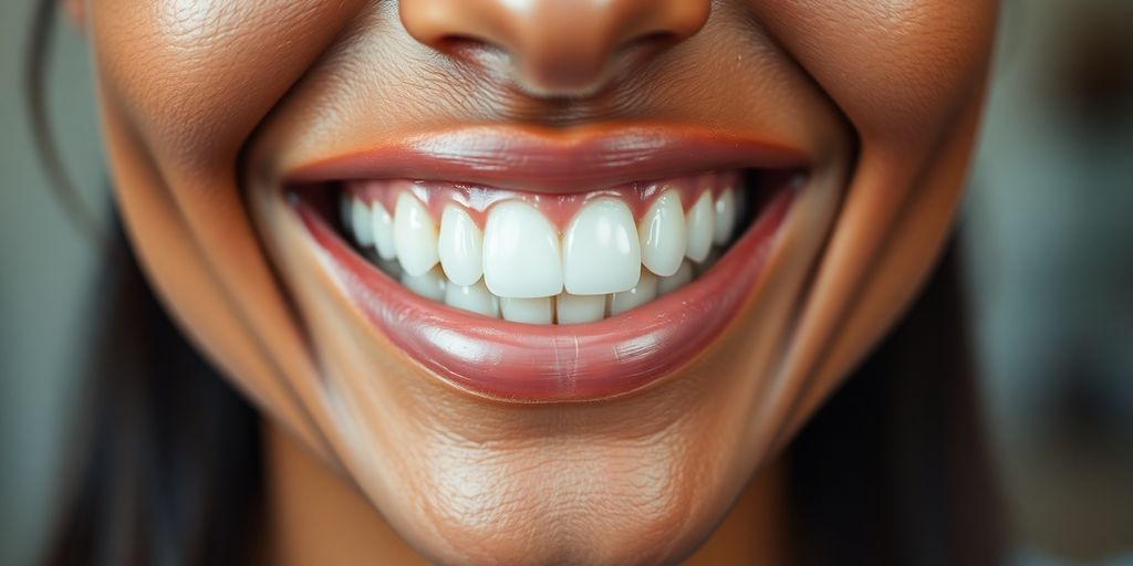 Nahaufnahme eines lächelnden Menschen mit schönen Frontzähnen.