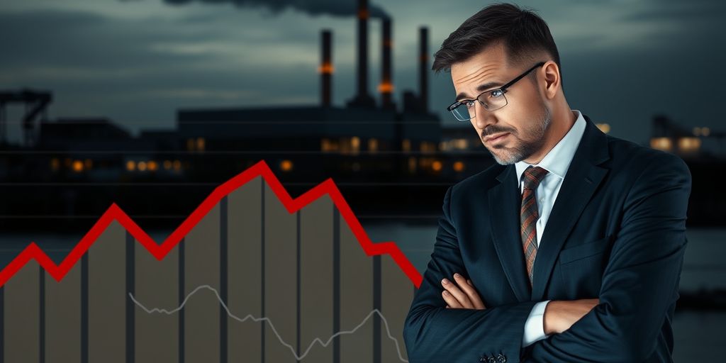 Worried business owner with declining graph and factory