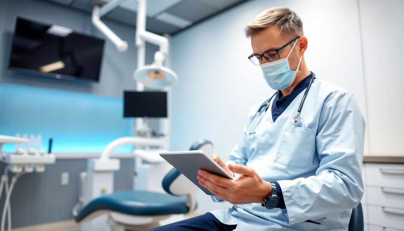 Dentist using a tablet in a dental office.