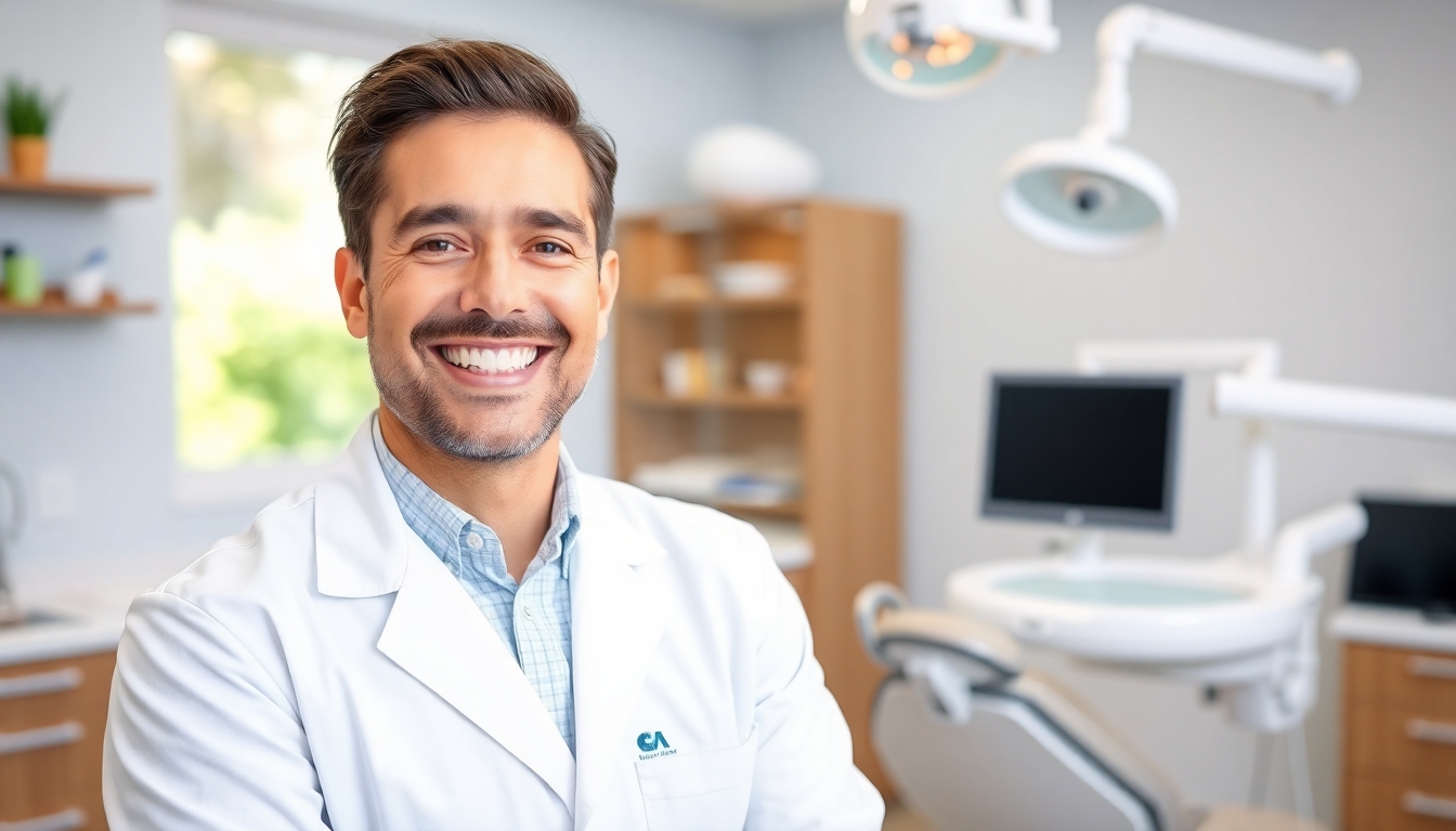 Smiling dentist in a dental office.