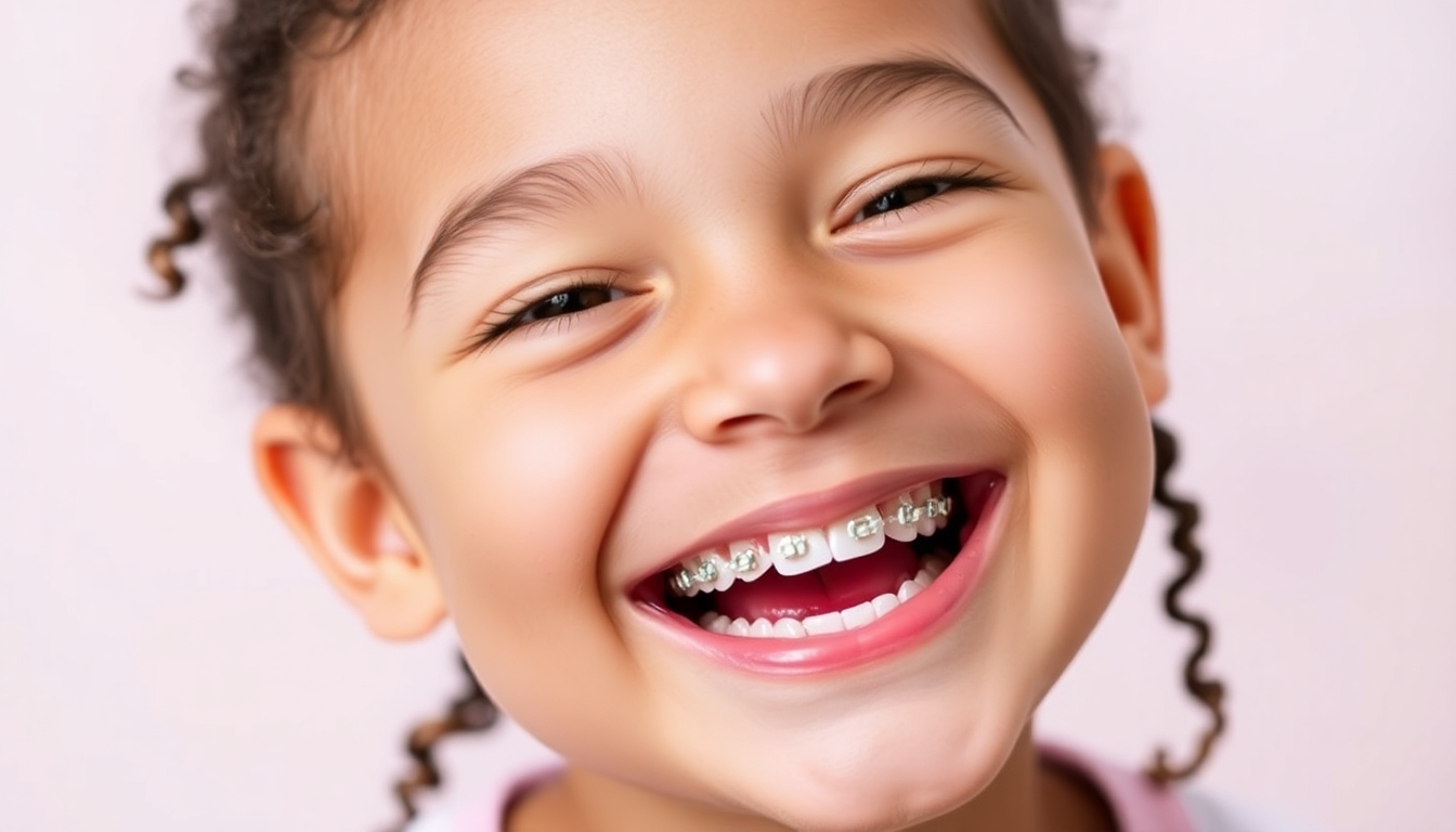 Child with braces smiling happily.