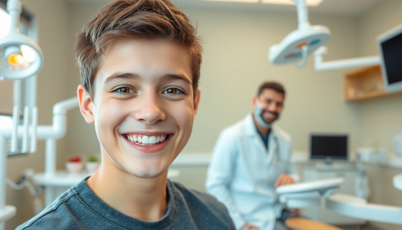 Smiling teenager with braces in a dental office.