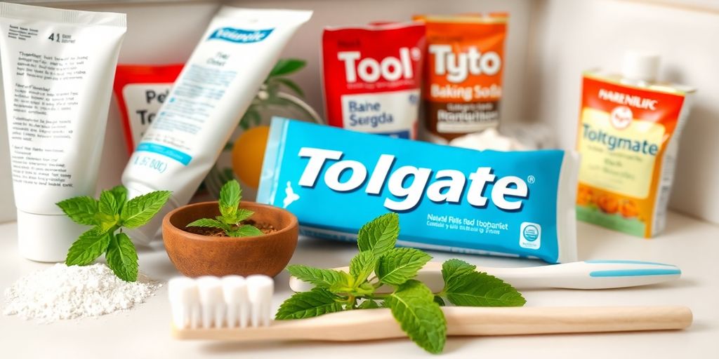 Zahnpasta und natürliche Zutaten auf einem Badezimmerregal.