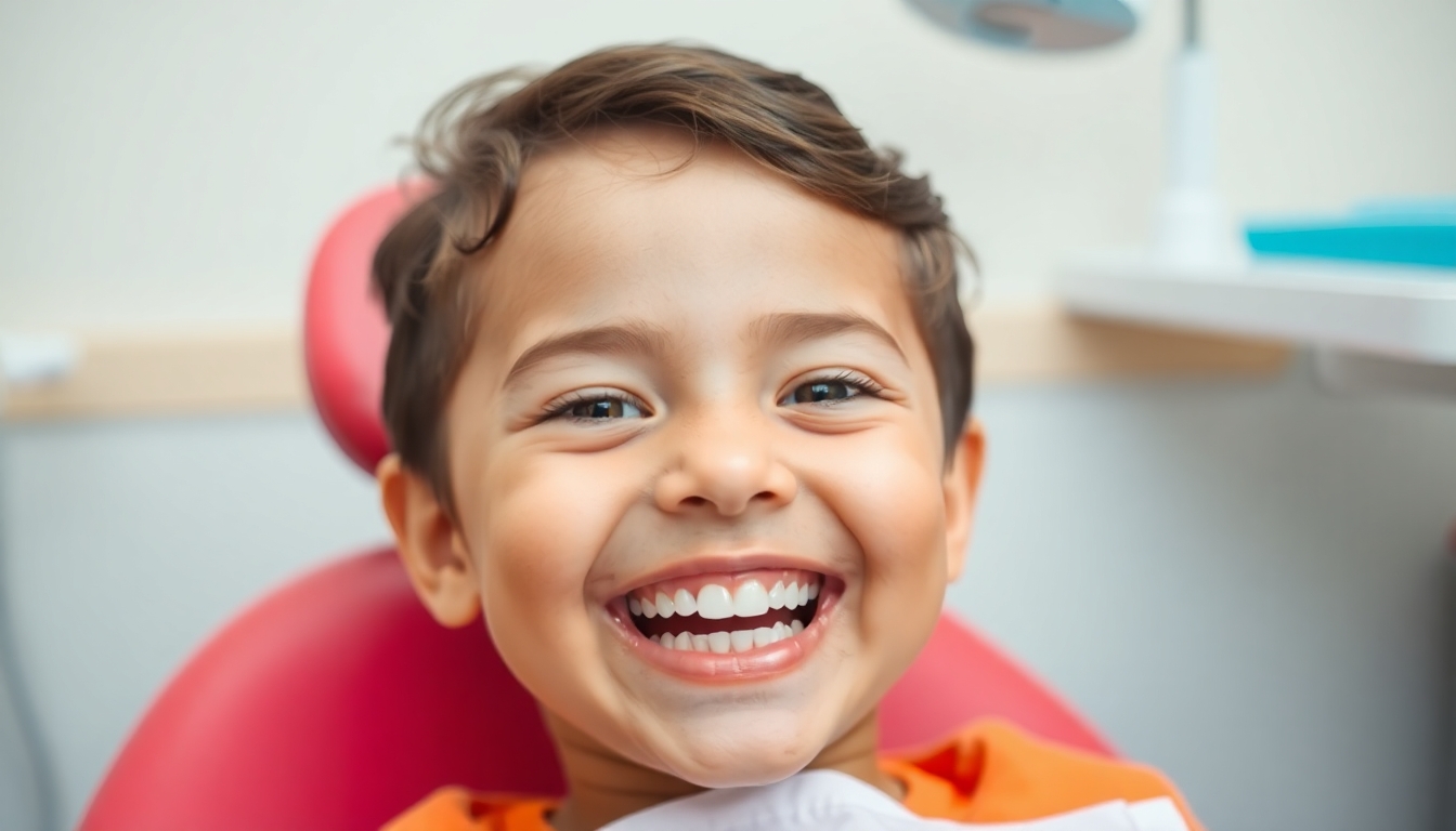 Smiling child with healthy teeth in a dental office.