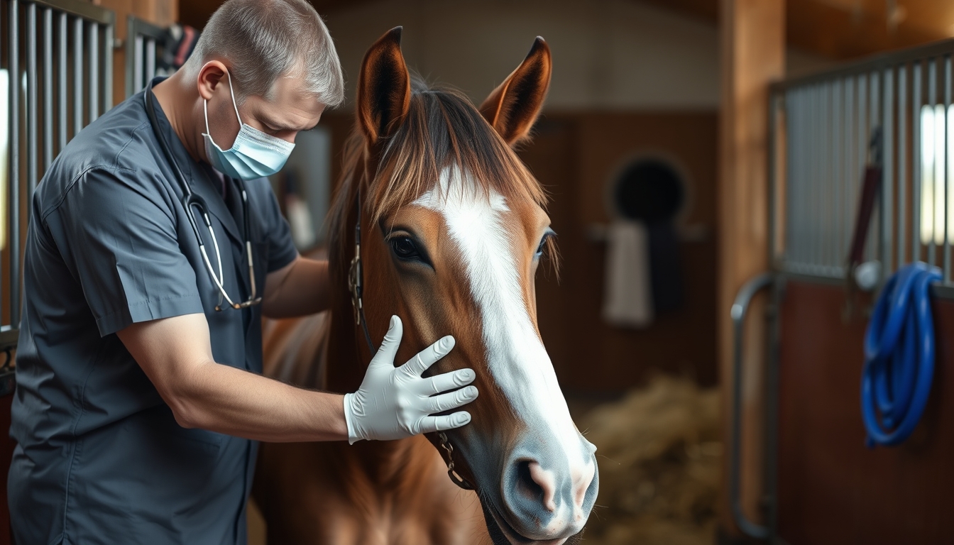 Tierarzt untersucht Pferd im Stall