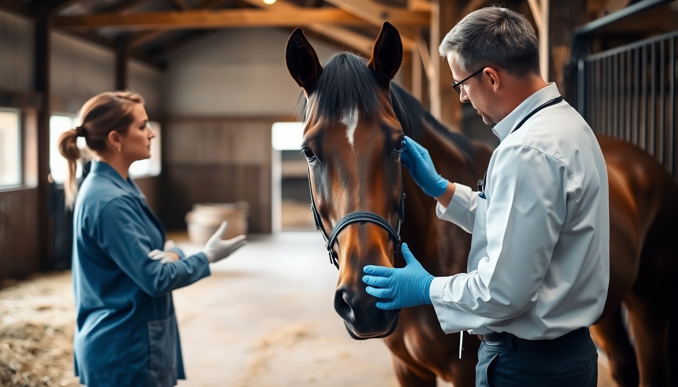 Veterinarian examining a horse in a stable.
