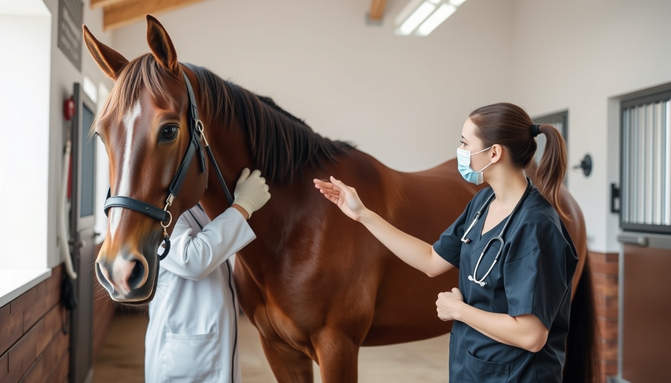 Veterinarian examining a horse in a stable.