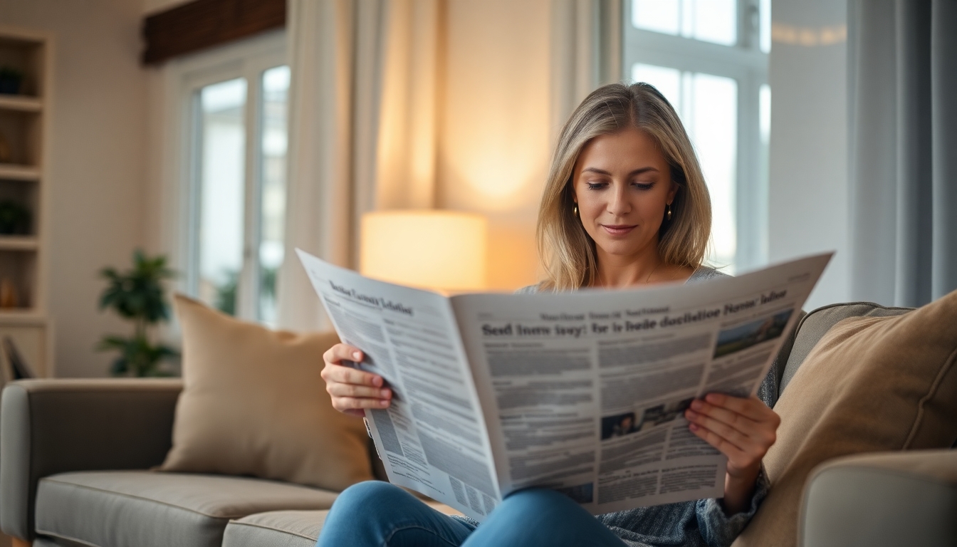Woman reading a newspaper in a cozy setting.