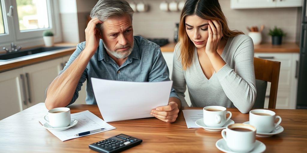 Paar überprüft Finanzdokumente am Küchentisch