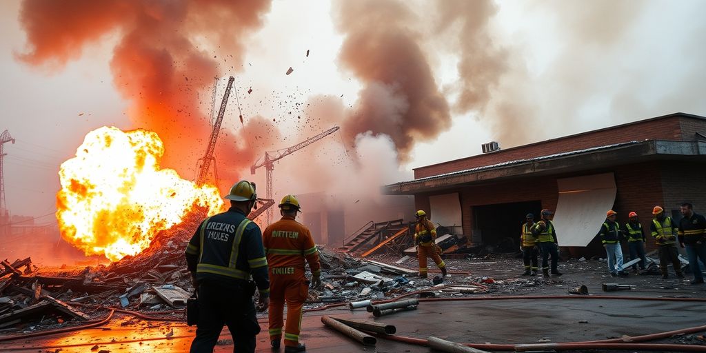 Explosion aftermath with debris and smoke