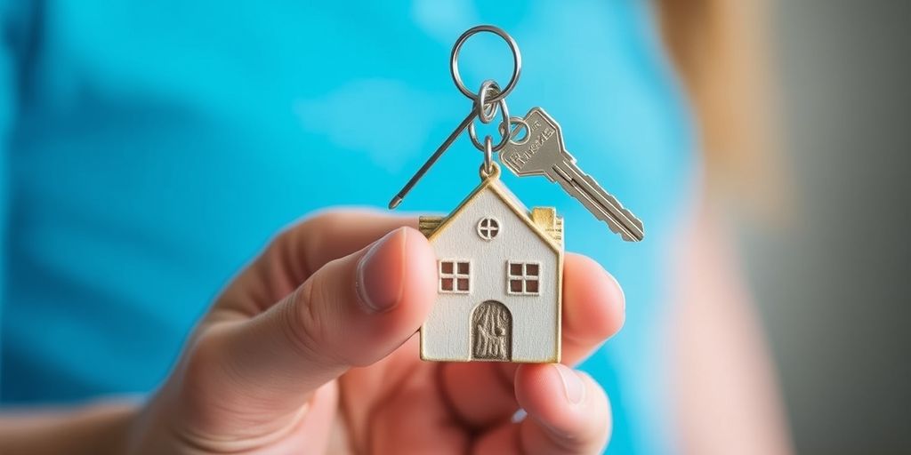 Person hält Hausschlüssel mit Haus-Schlüsselanhänger